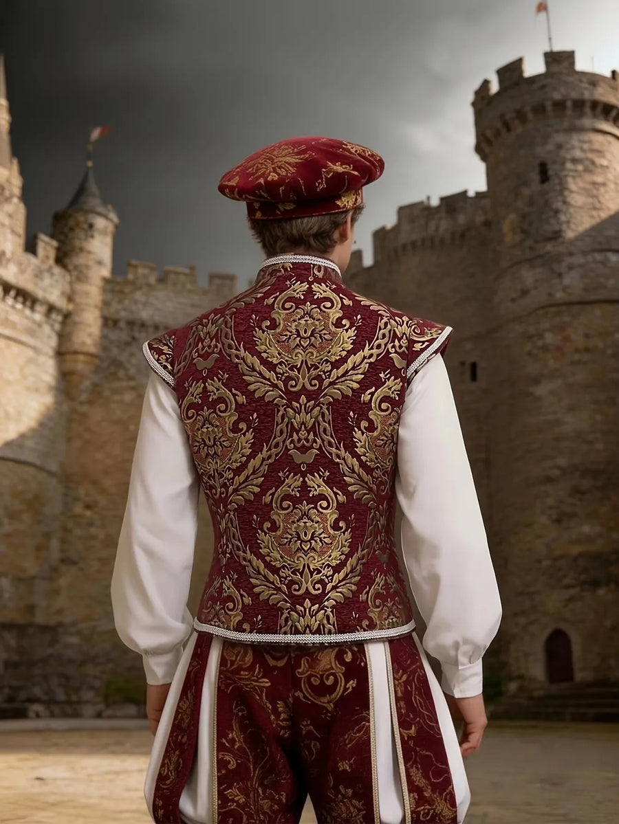 Costume storico da uomo bordeaux e oro con motivo broccato, gilet senza maniche, calzoni e basco