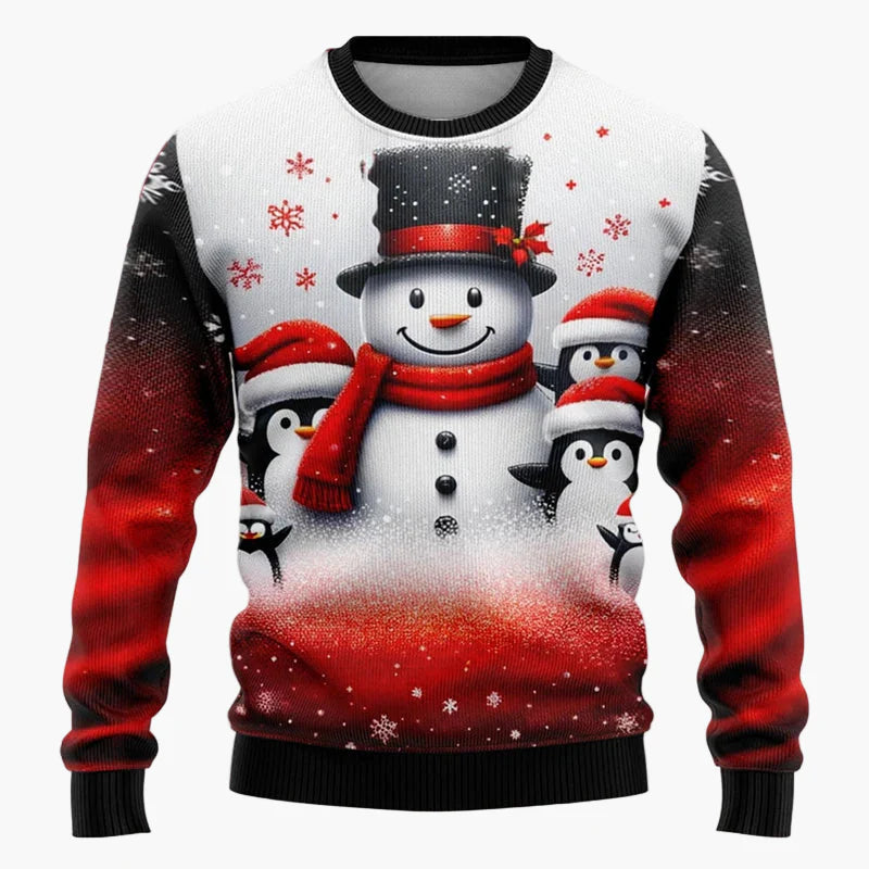 Unisex jultröja med fantasimotiv – Festlig scen med jultomte och snögubbe, perfekt för fester och presenter
