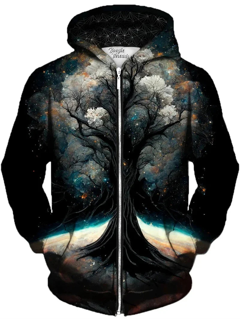 Felpa con cappuccio con zip e stampa grafica di albero e paesaggio colorati