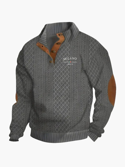 Sweat-shirt homme style vintage Milano Italia avec col boutonné et coudières – Mode décontractée élégante