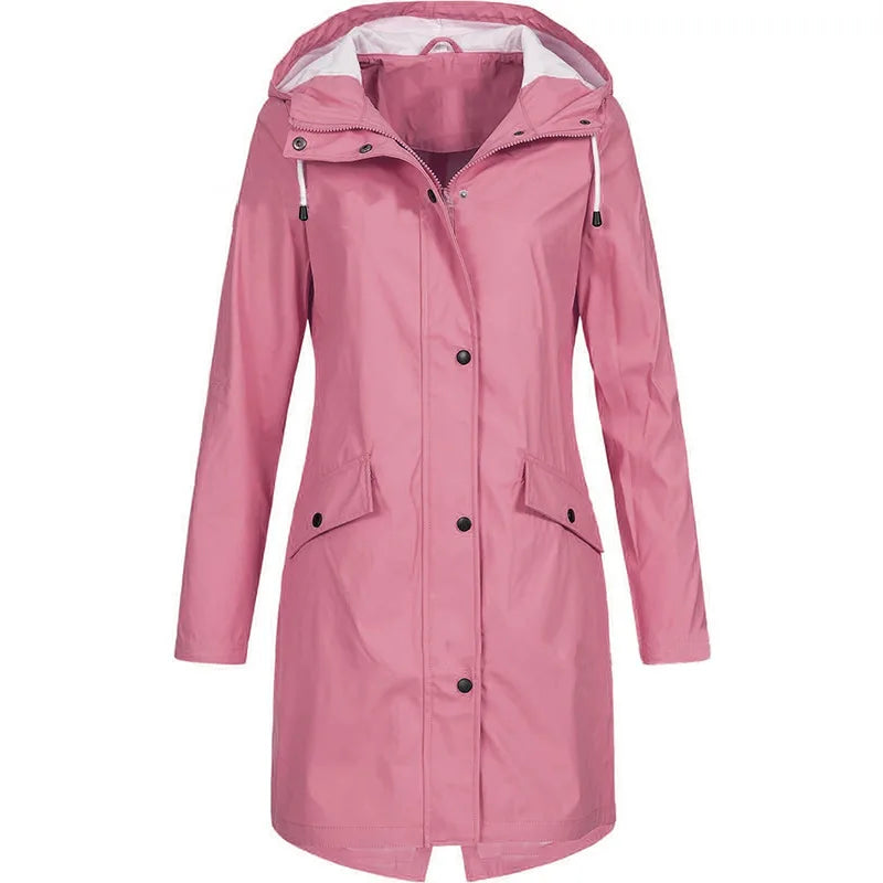 Imperméable long femme à capuche vert kaki avec poches et boutons-pression