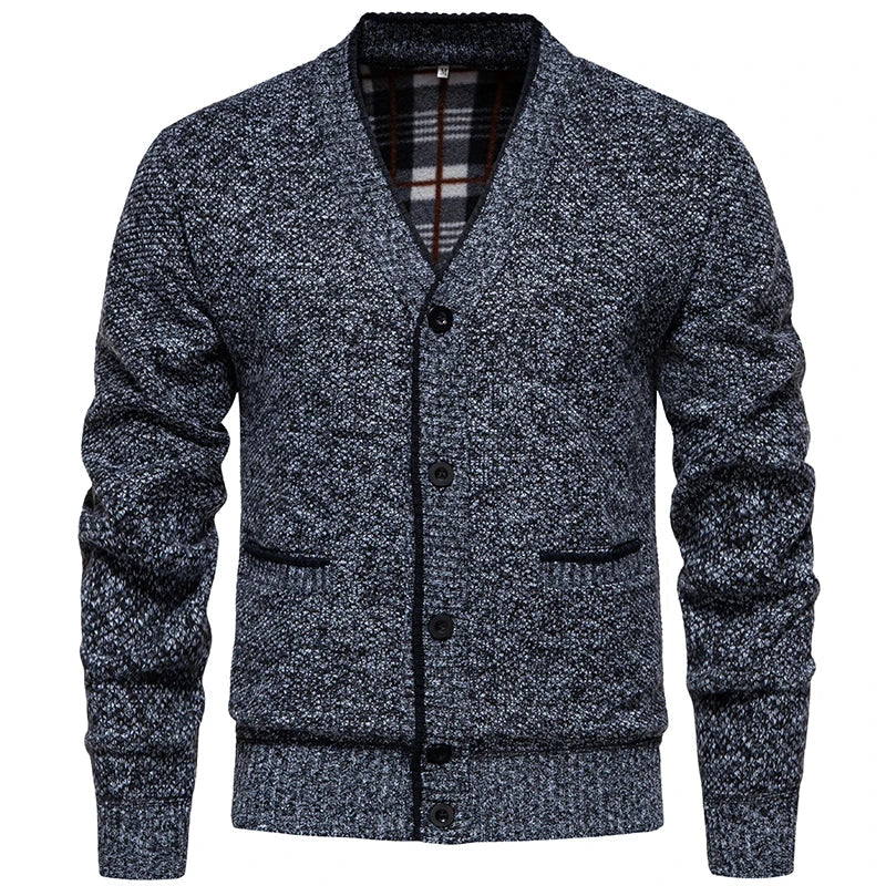 Cardigan for menn i melert strikk med V-hals og knapper, klassisk passform