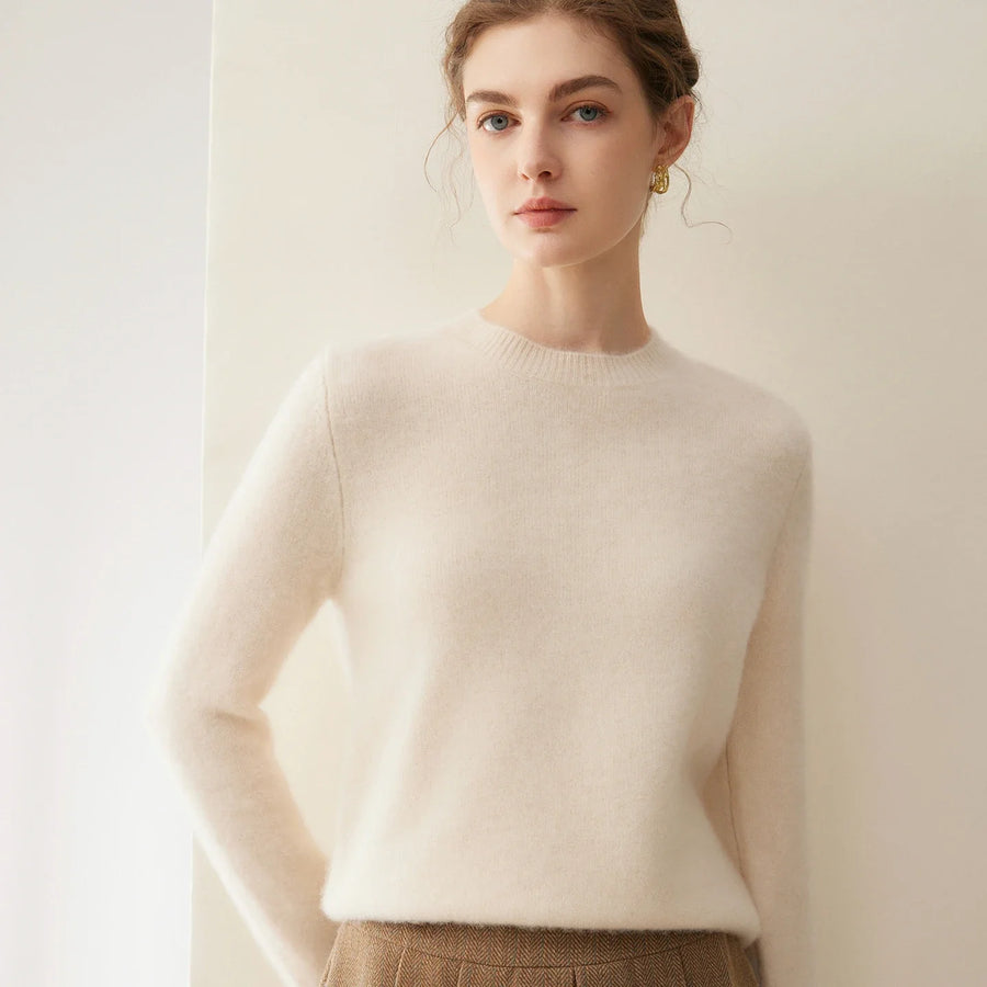 Pull en maille ras du cou manches longues femme - Blanc cassé