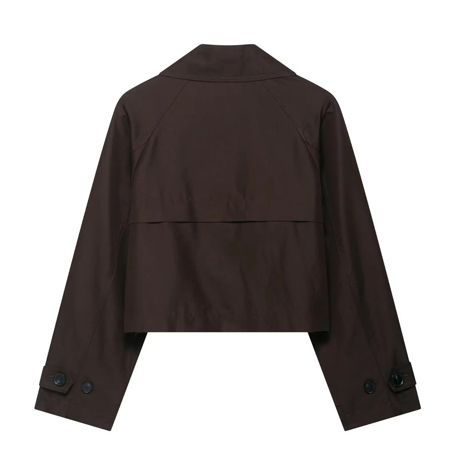 Kort trenchcoat til dame med dobbeltspent lukking og lange ermer, beige eller brun
