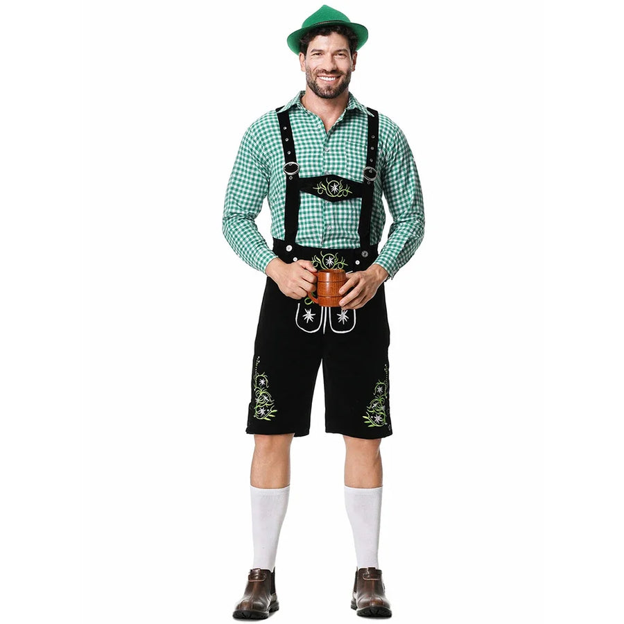 Completo da uomo in pelle con pantaloni corti tradizionali verdi a quadri e marroni ricamati oppure neri ricamati