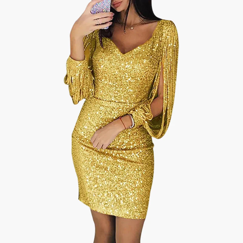 Elegant palietteret aftenkjole til kvinder med slidser i ærmerne, glamourøst look til ceremonier og fester