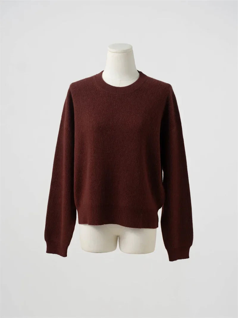 Maglione da donna a coste con scollo rotondo e maniche lunghe