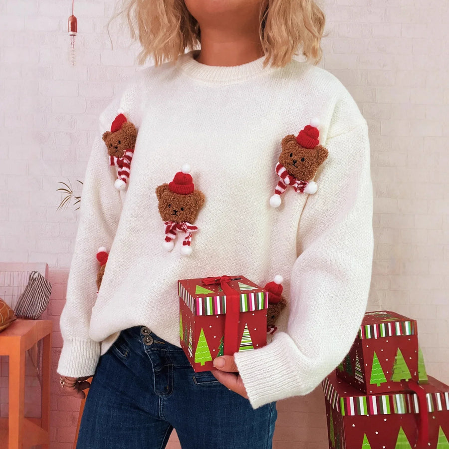 Rød julesweater med 3D-bamser