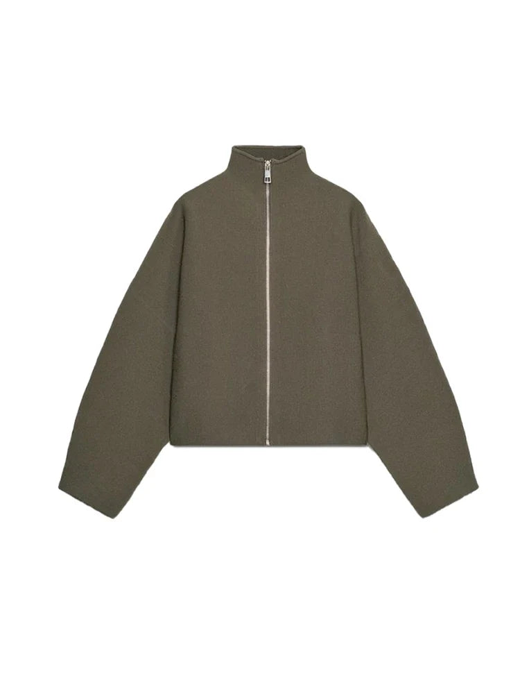 Khaki cropped jacket with stand collar and zip closure