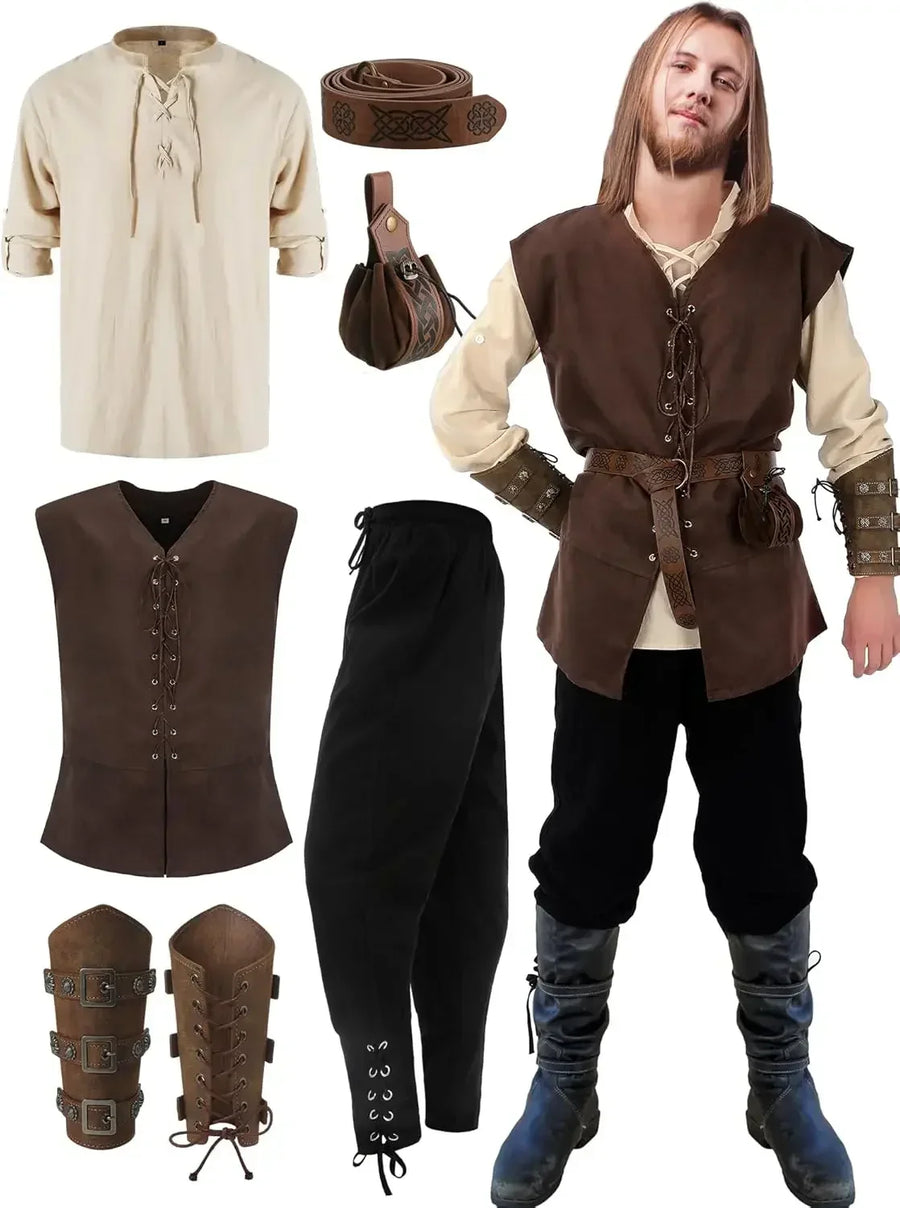 Costume medievale completo da uomo: giacca stringata, camicia, pantaloni, cintura e bracciale da polso