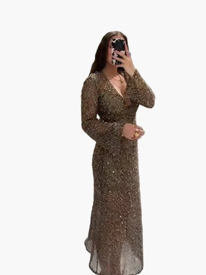 Elegant palietkjole til kvinder, glamourøs stil, dyb udskæring