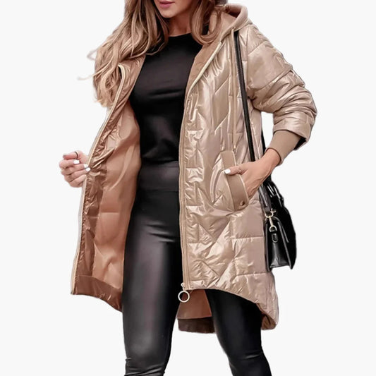 Chaqueta larga acolchada con capucha para mujer – Estilo urbano chic para otoño e invierno