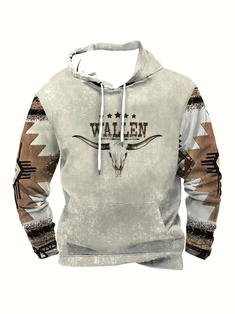 Sweat à Capuche Homme Motif Crâne de Taureau Tribal Vert Kaki