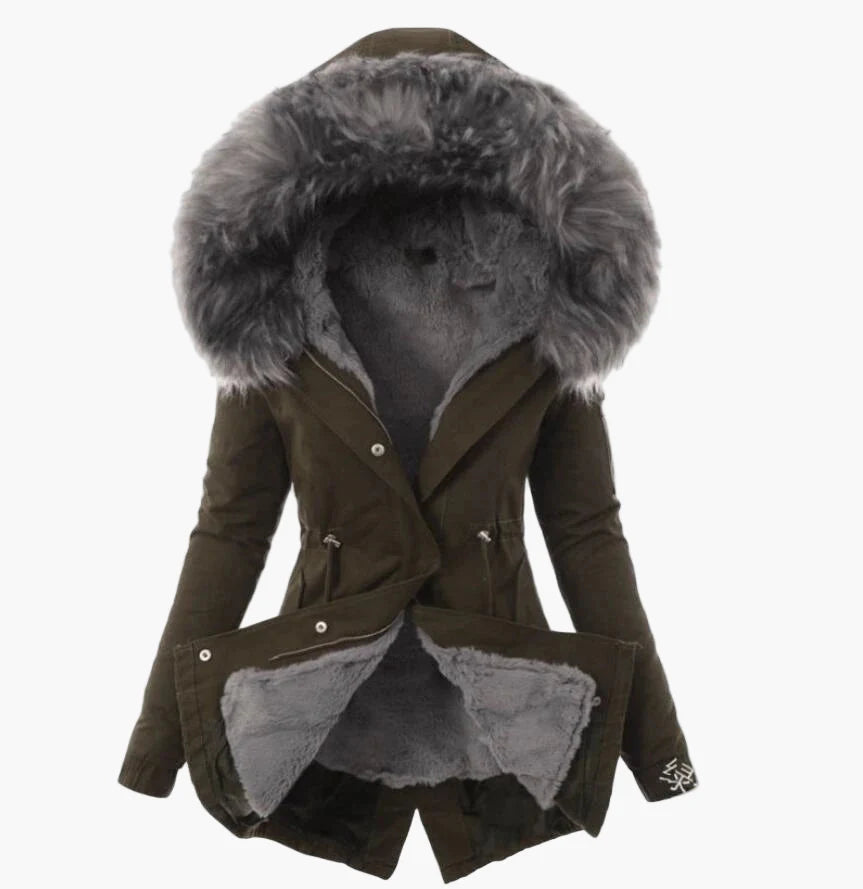 Cappotto invernale donna elegante con cappuccio ampio foderato stile urbano caldo