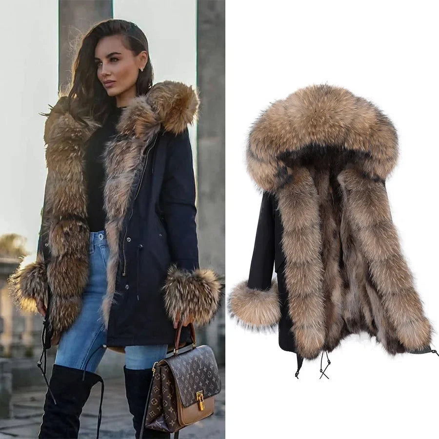 Parka invernale da donna con cappuccio, pelliccia rosa e fodera calda