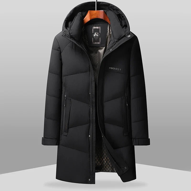 Long black quilted hooded men's puffer coat