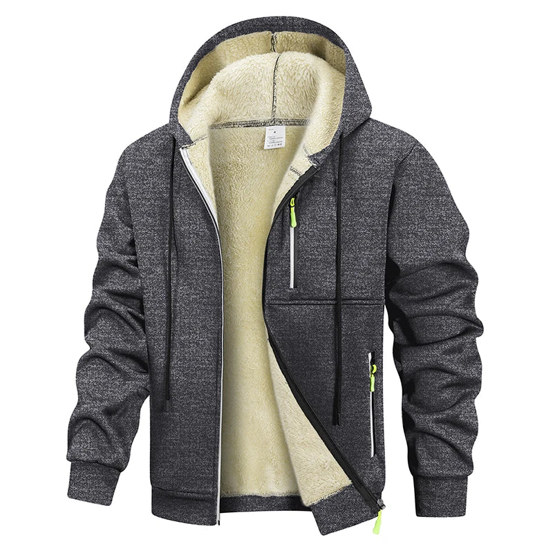 Men's thick, warm black fleece-lined zip-up hoodie