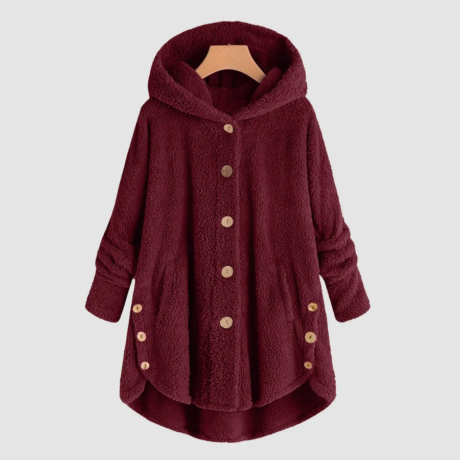 Manteau à Capuche Doux Femme, Boutons et Ourlet Asymétrique, Plusieurs Couleurs
