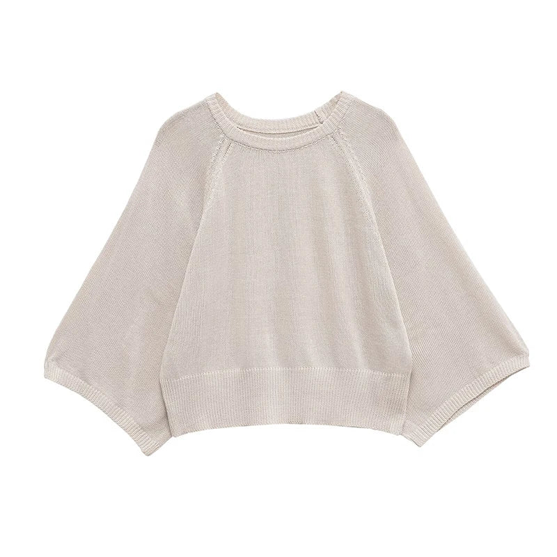 Pull en maille ras du cou manches chauve-souris ample Femme