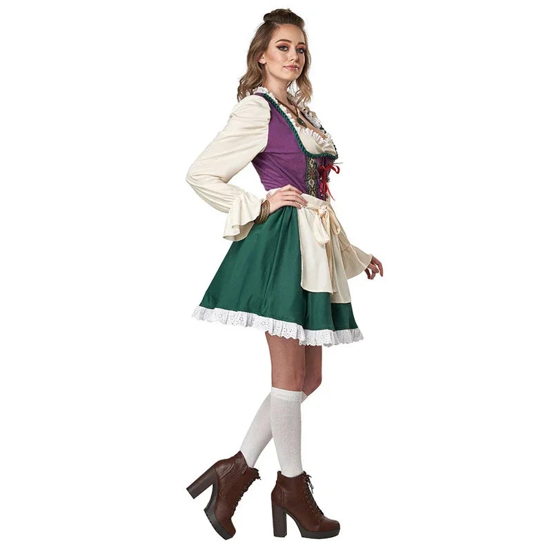 Tradycyjna damska sukienka dirndl w kolorze zielono-fioletowym z bluzką i rozkloszowaną spódnicą