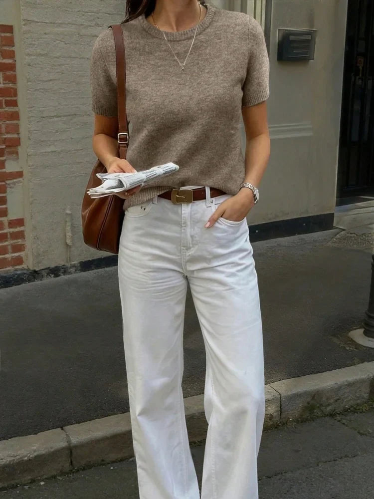 Women's solid-color short-sleeve crew-neck knitted T-shirt