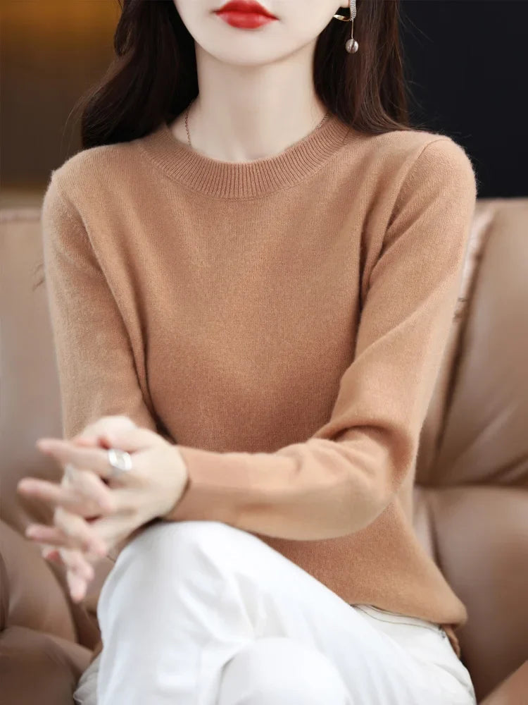 Pull col rond basique femme manches longues uni