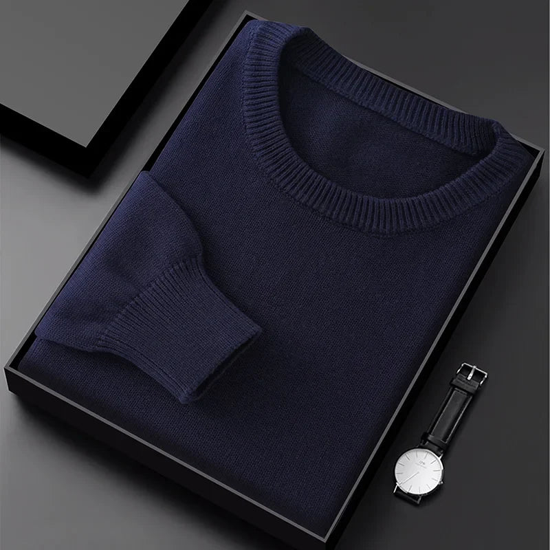 Pull homme col rond maille unie manches longues ajusté décontracté bleu