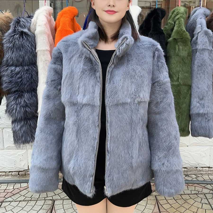 Veste courte femme en fourrure synthétique élégante, col montant, manches longues