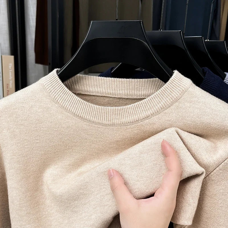 Jersey de hombre de cuello redondo, punto fino, beige jaspeado y mangas largas