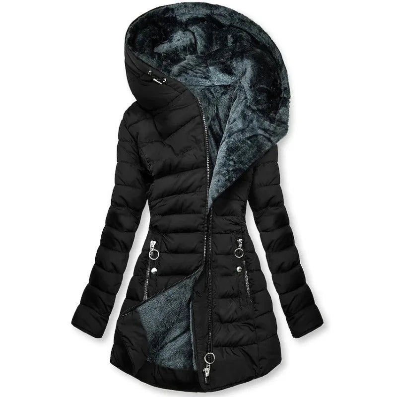 Women's long quilted puffer jacket with faux-fur-lined hood and decorative zippers