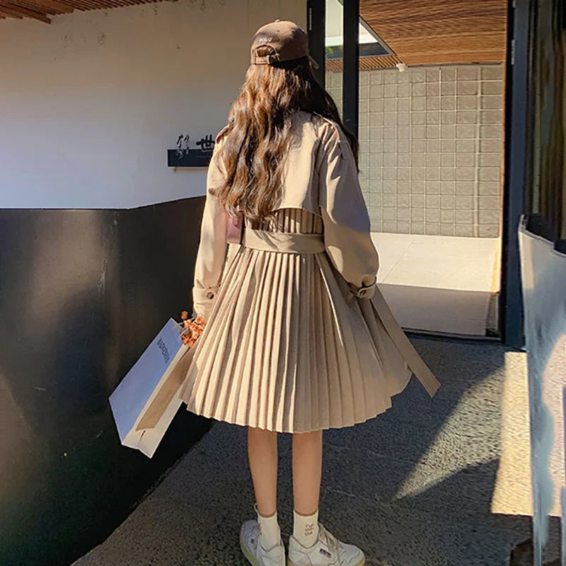 Chic Beige Pleated Women's Trench Coat with Belt