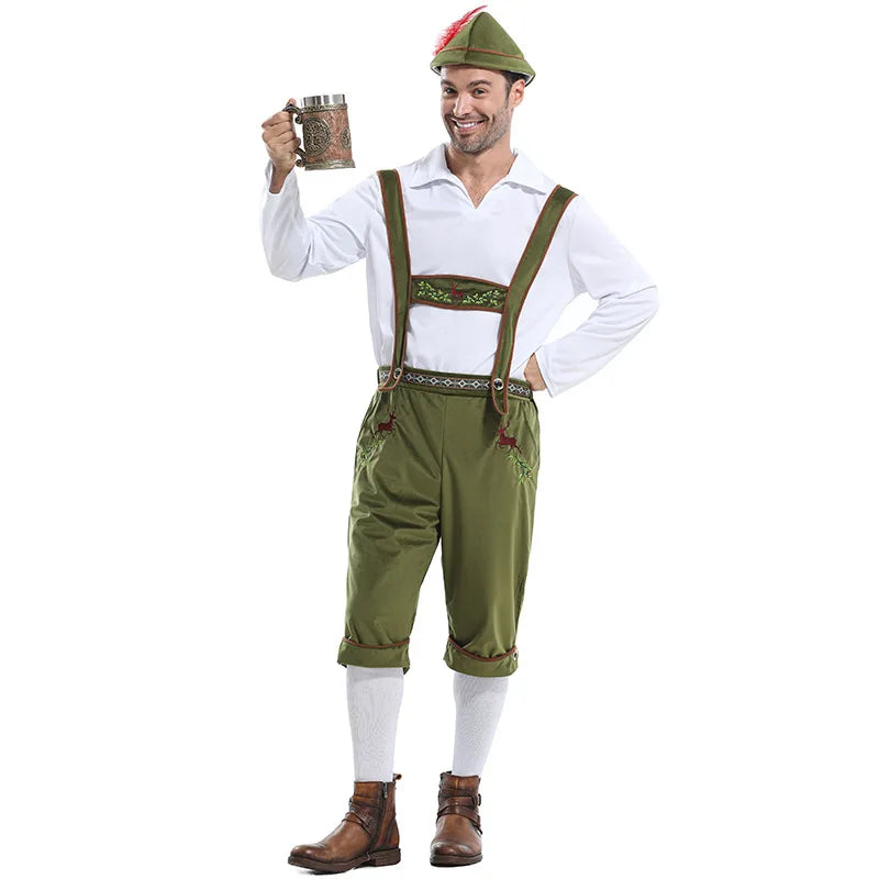 Bayerisches Herren-Kostüm mit Lederhose, Hosenträgern und Hut, einfarbig
