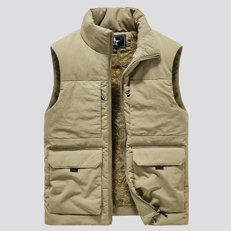 Gilet Doudoune Homme Chaud Col Montant Poches à Rabat Beige