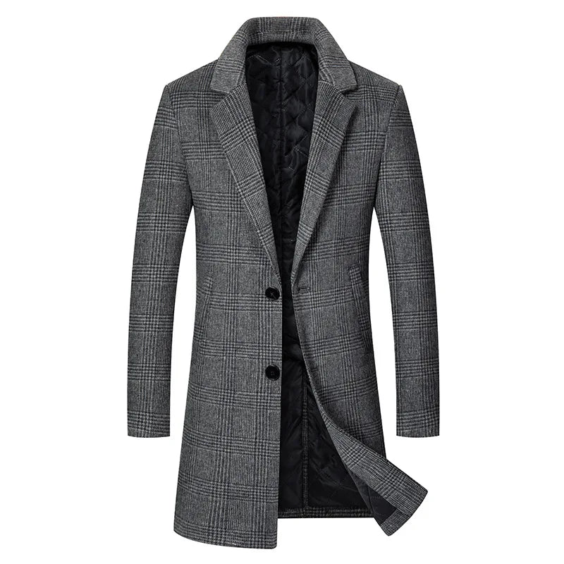 Cappotto lungo da uomo a quadri grigio, classico ed elegante