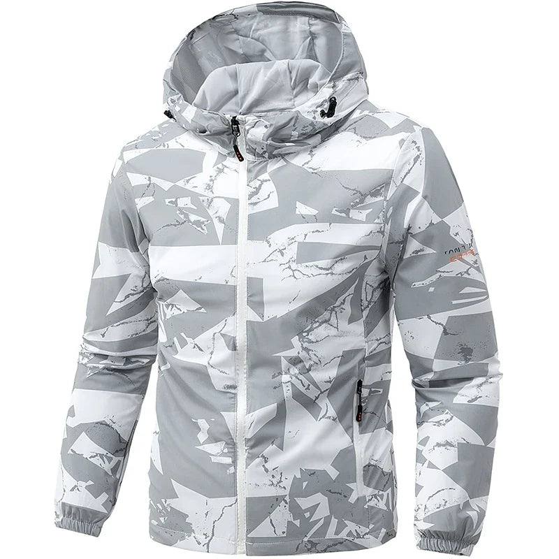 Chaqueta con capucha para hombre, estampado geométrico gris y blanco