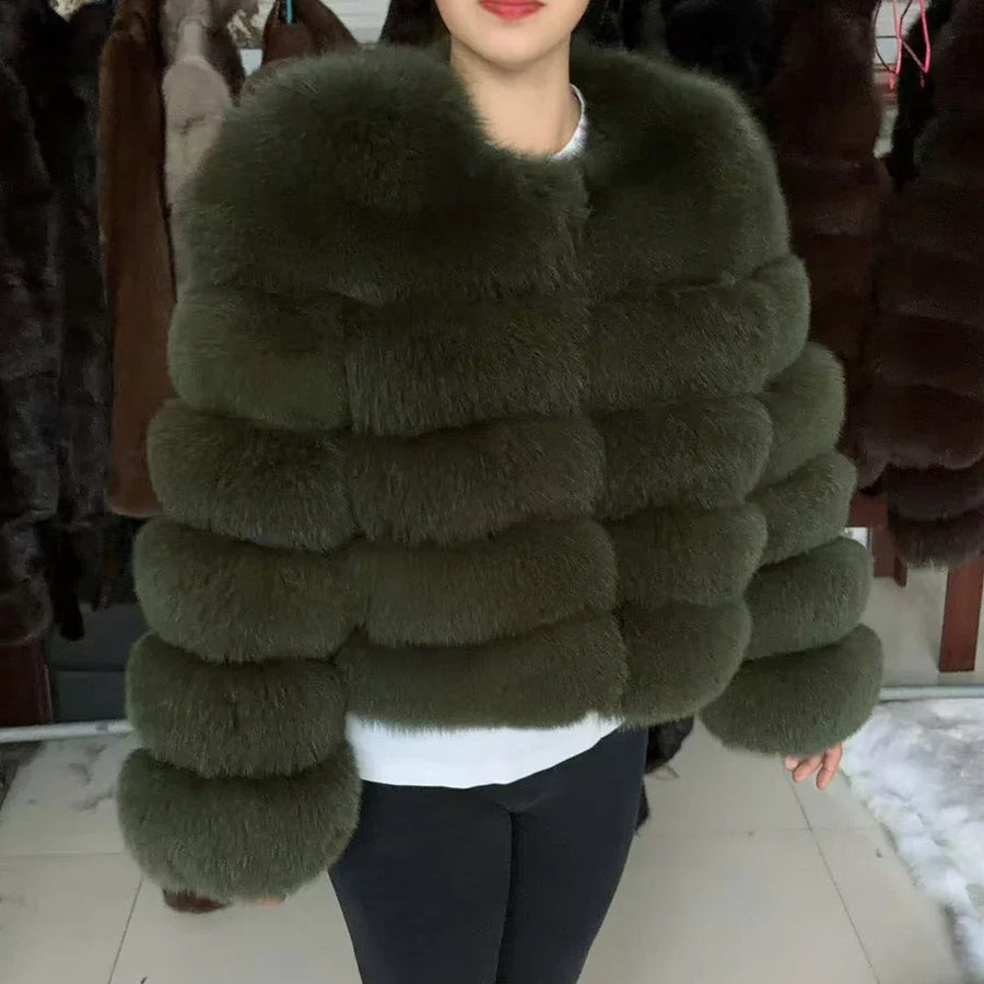 Chaqueta corta de mujer de piel sintética con bandas horizontales, cuello redondo, gris claro