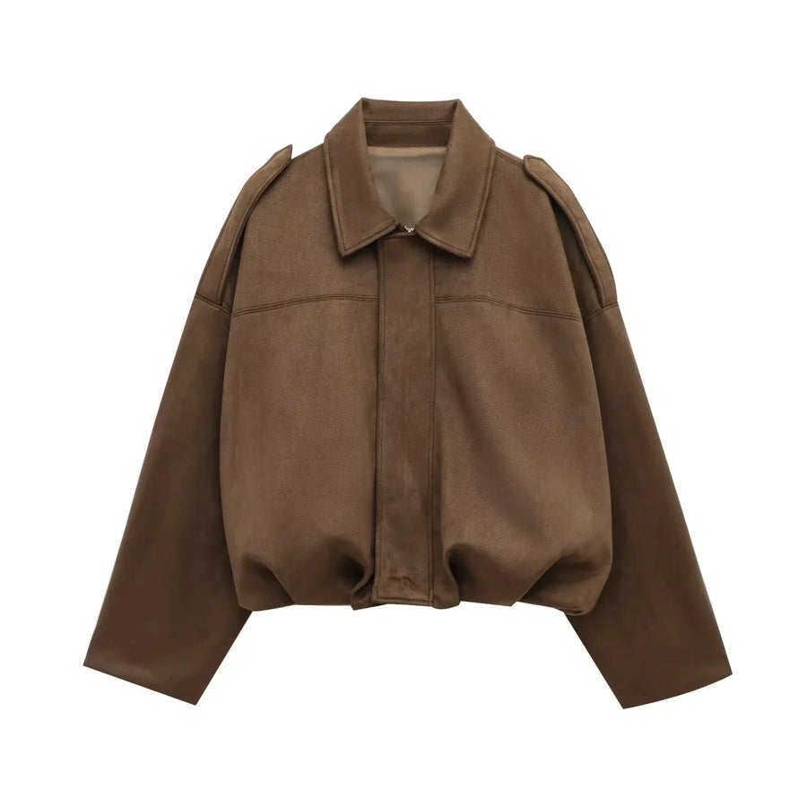Cazadora corta de aviador de mujer de color liso, con cuello de solapa y mangas amplias