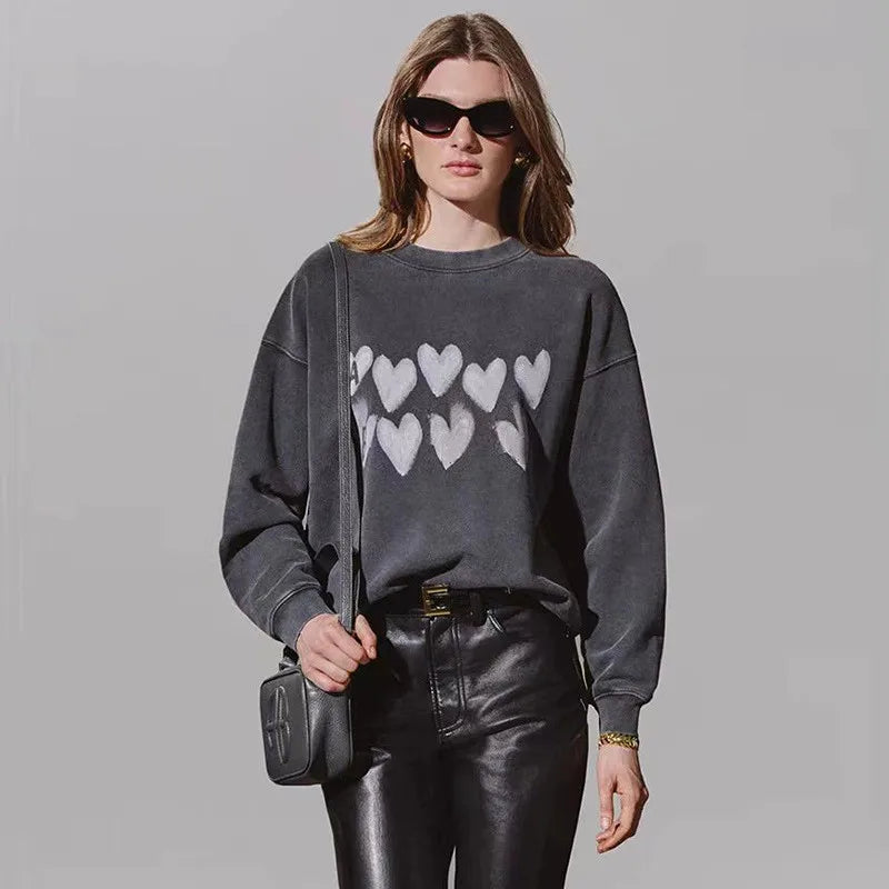 Sweatshirt til kvinder med rund hals og print i grå, bordeaux, sort eller hvid