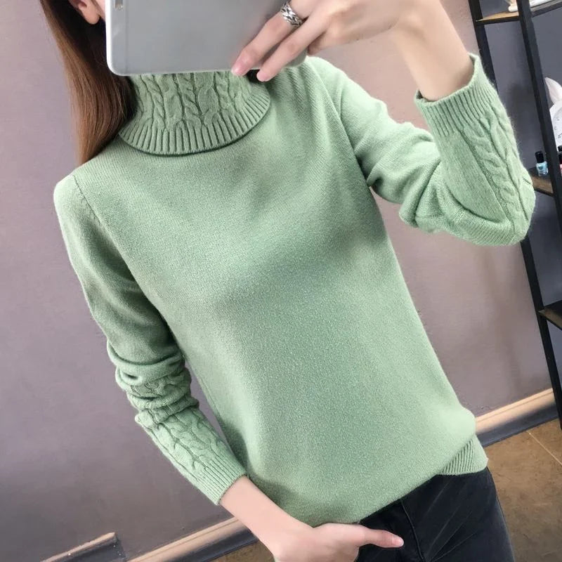 Women's light gray twisted ribbed-knit turtleneck sweater