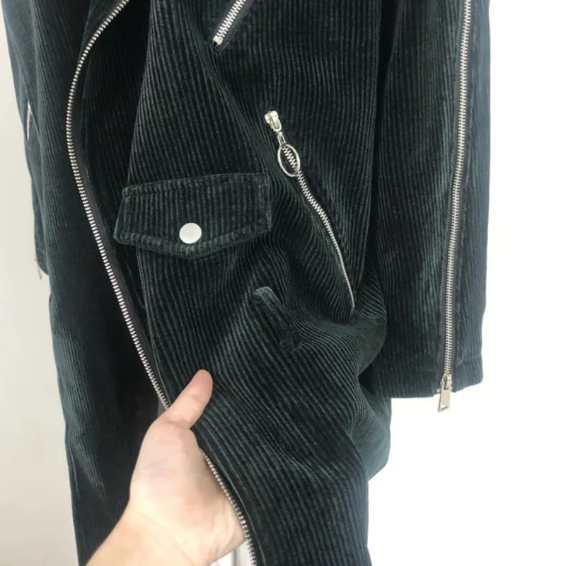 Abrigo largo acanalado verde oscuro para hombre, de estilo motero y con cremallera