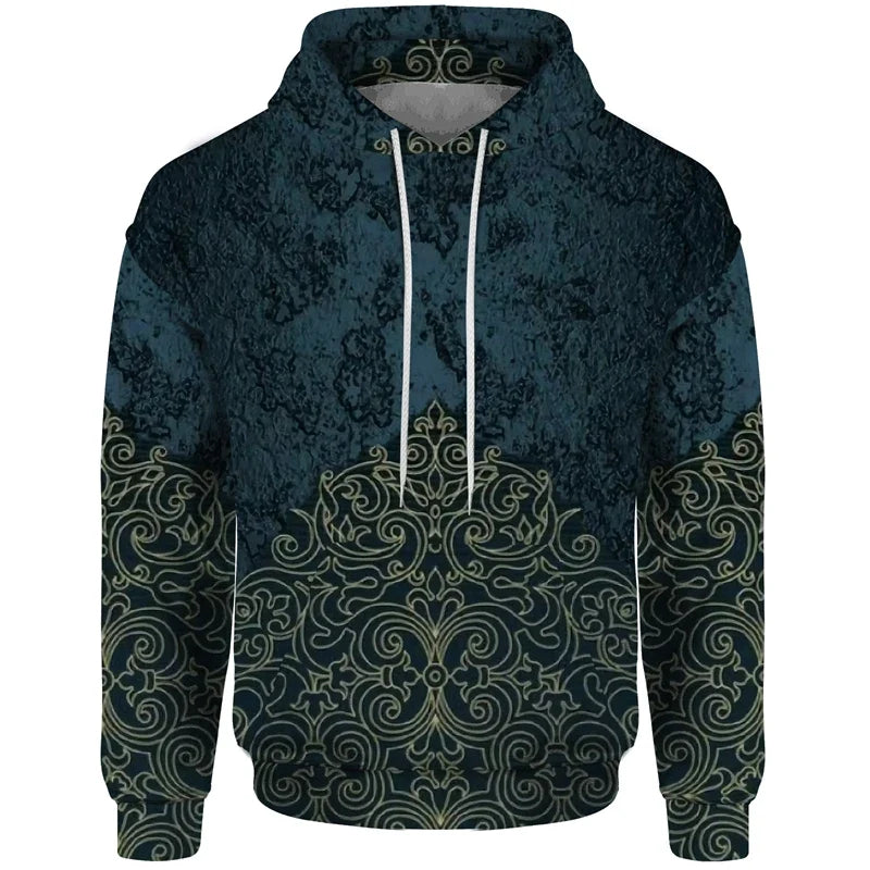Sudadera con capucha estampada de patchwork con motivos geométricos y florales rojos y beige