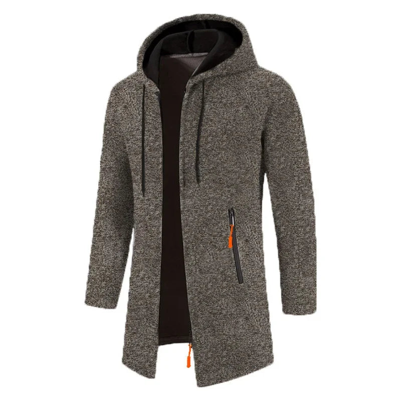 Manteau long homme style cardigan à capuche mélangée avec poches zippées