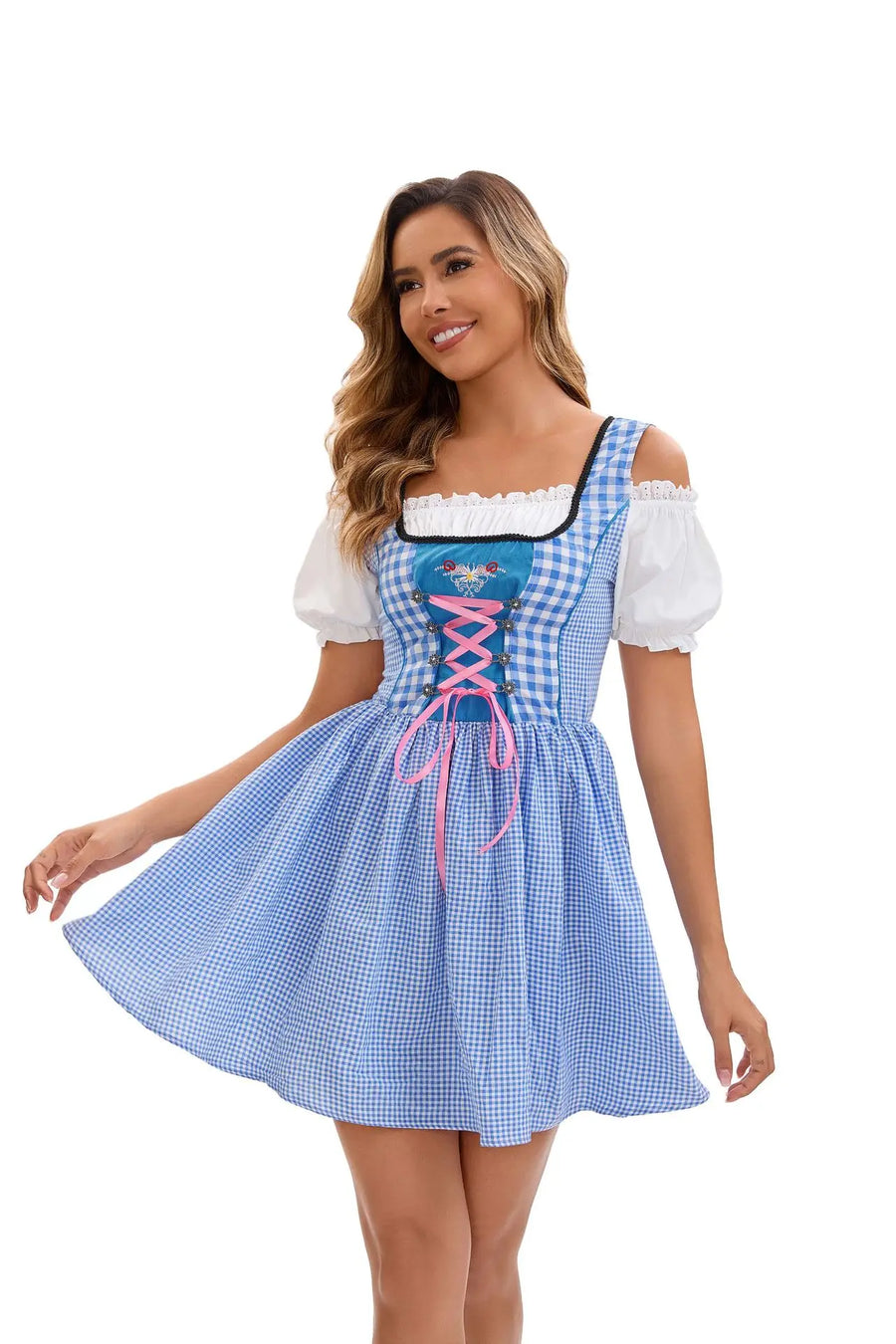 Blå- og hvidternet dirndl-kjole med forklæde og bluse til kvinder