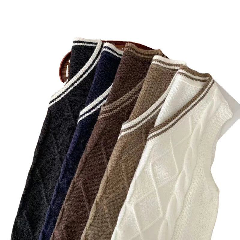 Gilet da donna senza maniche in maglia con scollo a V e motivi a trecce, stile preppy