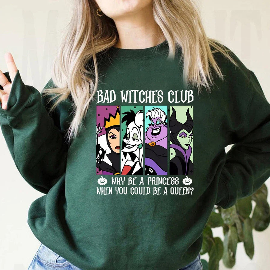 Damska bluza z okrągłym dekoltem i nadrukiem „Bad Witches Club”, z długimi rękawami, casualowa