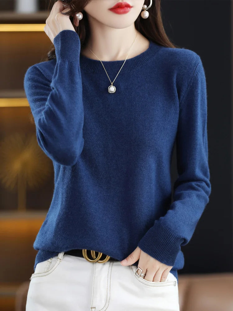 Pull col rond basique femme manches longues uni