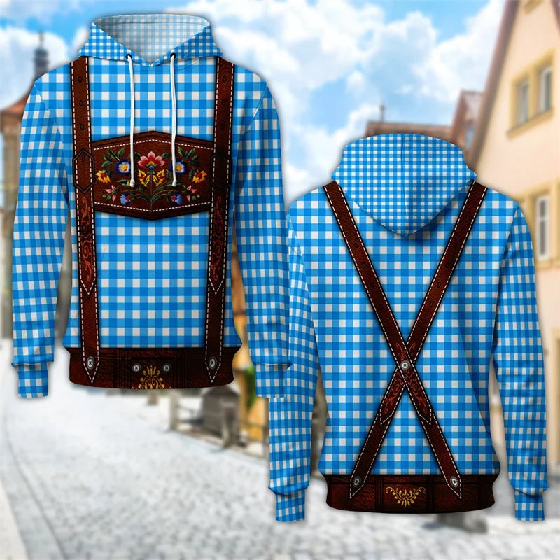 Unisex hættetrøje med print af seler og bayersk eller ternet mønster