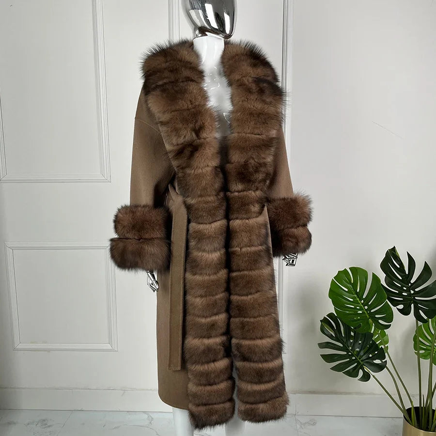 Manteau long femme marron avec col et poignets effet fourrure