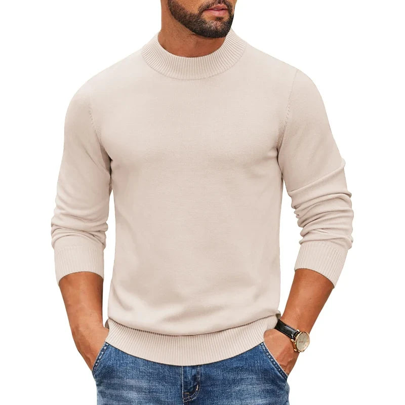 Jersey de punto para hombre con cuello alto acanalado y manga larga, color liso