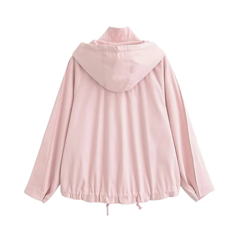 Veste légère à capuche pour femme rose poudré avec poches et cordons de serrage